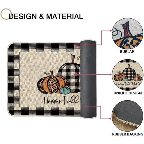 Happy Fall Y'all Doormat Buffalo Check Plaid Pumpkin Door Mats Autumn 17x29 inch - Picture 6 of 6